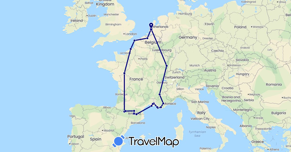 TravelMap itinerary: driving in Andorra, Belgium, Spain, France, Netherlands (Europe)